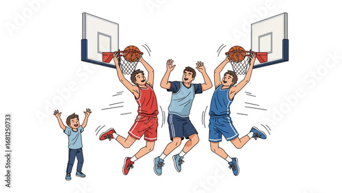 Basketball Showdown: Capturing the essence of athleticism and teamwork, vibrant illustration of basketball players in mid-air, striving for victory. Witness the intensity, camaraderie.