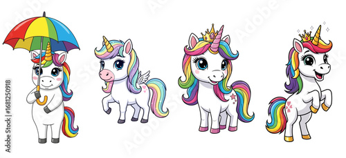 Cute unicorns pose in charming stances. Whimsical fantasy, playful illustration, fairytale, magic, colorful mane, cartoon, unicorn, rainbow, crown, cheerful, lovely.