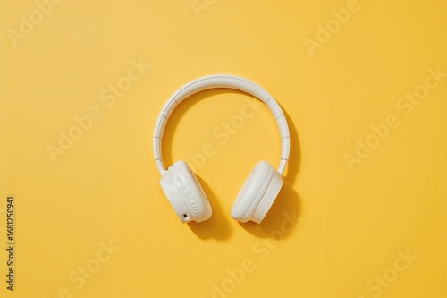 Wireless white headphones on bright yellow surface with empty space, top view.