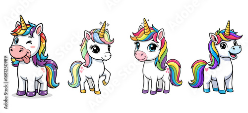 Four cartoon unicorns stand side-by-side. Magical creatures, rainbow hair, cute, fantasy, illustration, playful, whimsical, fairytale, adorable, characters, mythical