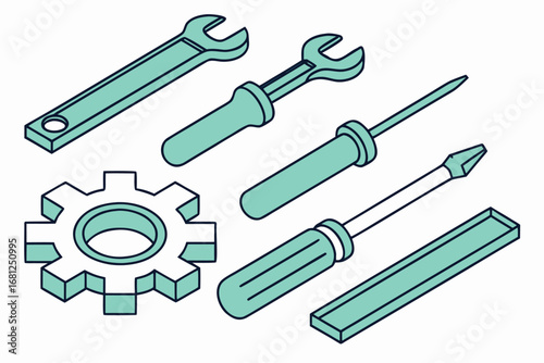 Isometric illustration of tools and a gear on a white background wrench screwdriver