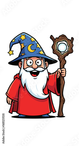 Wizard holds magic staff. Cartoon wizard with beard, hat. Fantasy character, magician, wizardry, spellcasting, fairytale, mystical, sorcery, alchemy, enchantment