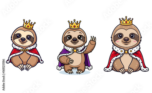 Sloth kings wearing crowns and capes. Cute animals, cartoon, royal, adorable, mammal, illustration, animal, happy, character, funny, comic, crown, robe