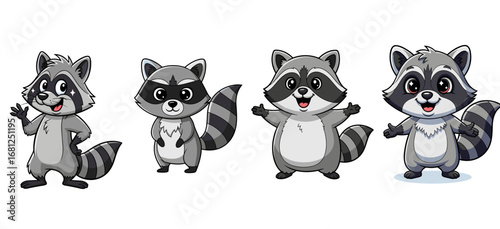 Cute raccoons stand together smiling. Happy animal group, cartoon vector, wildlife, mammal, characters, mask, striped tail, cheerful, fun, illustration.