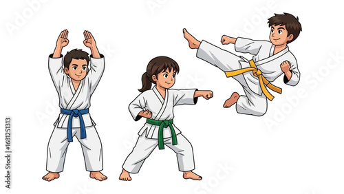 Karate Kids: A dynamic illustration of three young karate practitioners, each showcasing distinct poses in their martial arts uniforms. 
