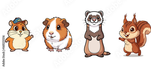 Cartoon animals pose and smile. Hamster, guinea pig, ferret, squirrel isolated on white. Pets, wildlife, illustration, characters, cute, funny, playful