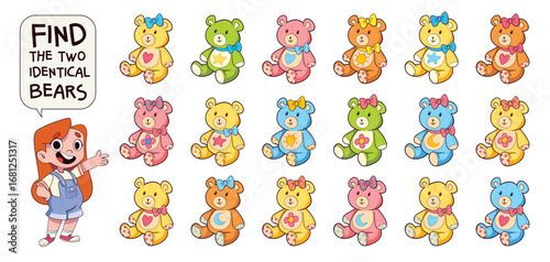 Visual puzzle for kids. Find the two identical teddy bears among a colorful set. Cute and fun educational game that develops attention and visual perception skills. Find the Match