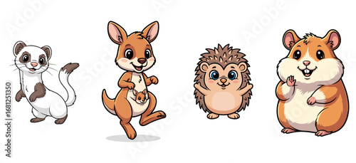 Cute cartoon animals pose for a picture. Adorable, friendly, mammal, pet, illustration, wildlife, nature, fun.