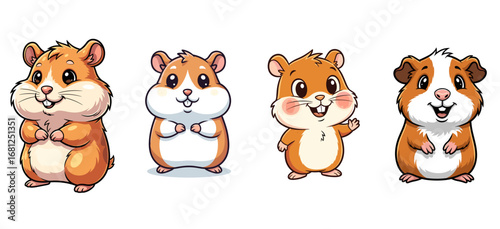 Cartoon hamsters smiling, posing cutely. Adorable rodents, happy animal characters, funny pets, playful, friendly, cute animation, domestic animal, furry friends, illustration