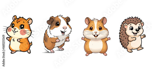 Cute cartoon animals pose happily. Hamster, guinea pig, hedgehog, pet, adorable, kawaii, friendly, funny, happy, joyful