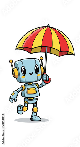 Robot walks with umbrella in the rain. Cute cartoon, AI technology, artificial intelligence, robotics, automation, future, innovation, protection, weather, fun.