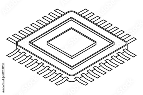 Isometric outline drawing of a computer microchip processor with pins vector illustration