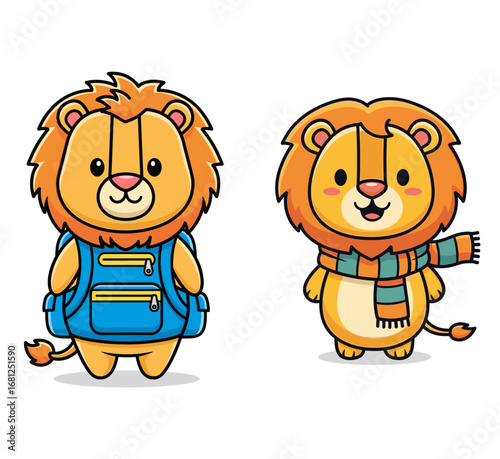 Cute lion cartoon characters ready for school and winter. Animal mascot, cartoon, illustration, playful, cheerful, design, cheerful, backpack, scarf, fun.