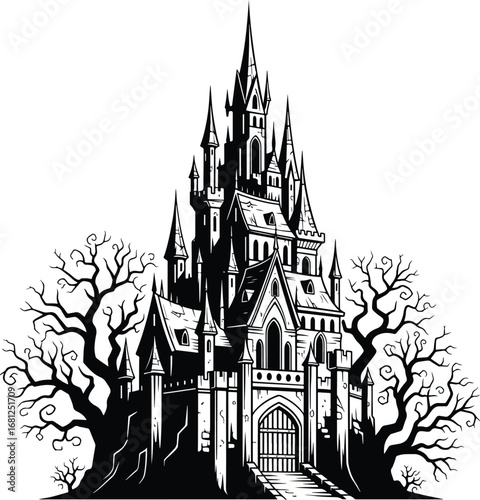 Castle: A detailed line art illustration of a spooky, gothic castle surrounded by leafless trees, creating a dark, eerie, and fantasy atmosphere.