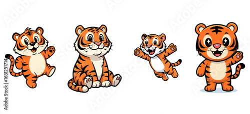 Cartoon tigers pose, jump, and wave. Cute, playful animals, joyful, wildlife, happy, character, mammal, drawing, illustration