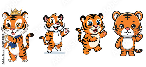 Cartoon tigers wave hello. Cute illustration, friendly, playful, mascot, animal, tiger cub, character art, playful, stripes, greeting, happy, welcome