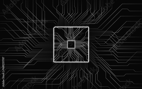 A white microchip is centered within an intricate design of circuit patterns against a solid black background. The geometric layout emphasizes technology and connectivity.