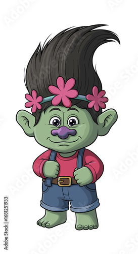 Cute troll smiles with flower crown. Cartoon character, green skin, happiness, fantasy, innocence, fictional, childhood, dreamlike