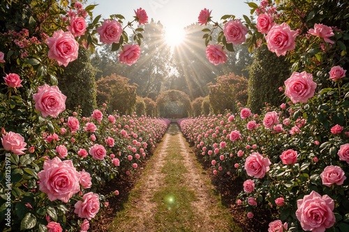 Fototapeta Naklejka Na Ścianę i Meble -  Enchanting pink rose blossoms and a pathway stretching ahead in a magical garden, mystical fairy tale scenery illuminated by radiant sunlight, stunning natural vista