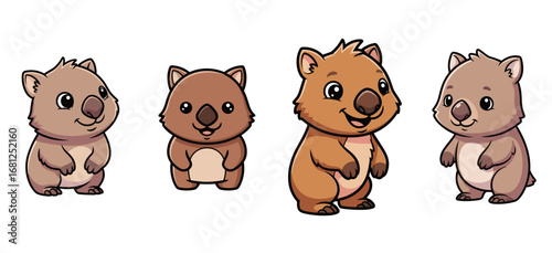 Four cute wombats standing, smiling. Adorable marsupials, cartoon characters, wildlife art, animal illustration, cuddly animals, happy, friendly, cheerful, illustration