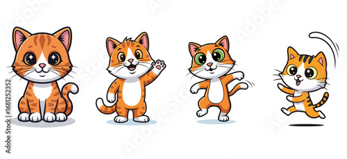 Cute orange cartoon cats express different emotions. Playful, happy, friendly animal icons for design.