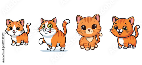 Four cartoon cats with orange stripes pose. Felines are cute, expressive, and adorable. Pets, animals, domestic, funny, illustration