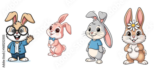 Four bunnies stand, dressed in outfits, cartoon illustration. Easter, cute, rabbit, animals, spring, cheerful, character, happy, fashion.