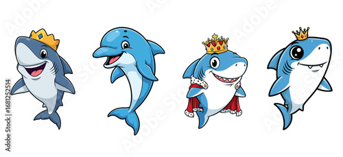 Cartoon sea animals featuring sharks and a dolphin wearing crowns. Aquatic royalty, ocean life, cute characters, marine creatures, playful, illustration.