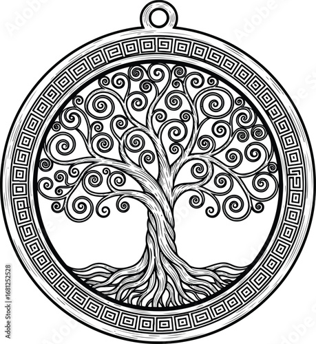 Tree of Life: A detailed line art illustration of a tree of life with celtic knot-like patterns, symbolizing spirituality, nature, and eternity.