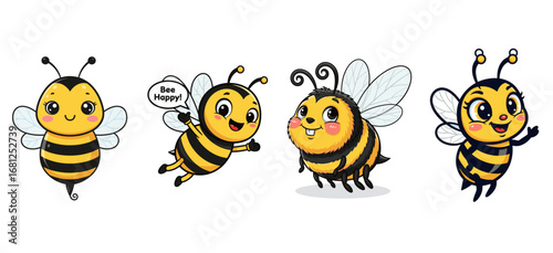 Cartoon bees in yellow and black stripes. Cute, buzzing, happy, cheerful, mascot, comic, adorable, character, playful, buzzing insects.