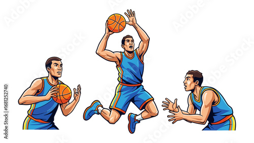 Basketball Action: Dynamic illustration of a basketball player executing a jump shot, showcasing the passion and skill involved in the game. The vivid colours and energetic composition.