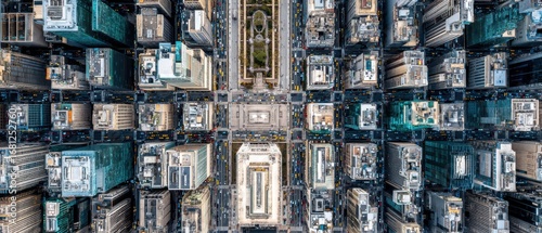 Manhattan Skyline Bird's Eye View showcasing Urban Grid of Skyscrapers and Traffic Flow in New York City USA