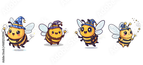 Cute wizard bees casting spells with magic wands. Cartoon bee, animal, illustration, fantasy, fairytale, character, funny, magic, dreamlike, whimsical.