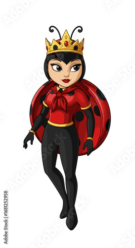 Ladybug queen standing elegantly, cartoon character. Royalty, ladybug, crown, queen, elegance, beautiful, fantasy, insect, noble