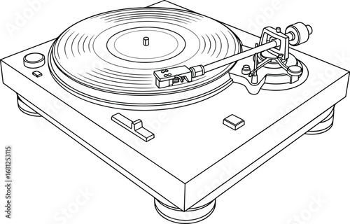 Turntable: A clean line art illustration of a turntable or record player, in a simple, minimalist, and isometric style.