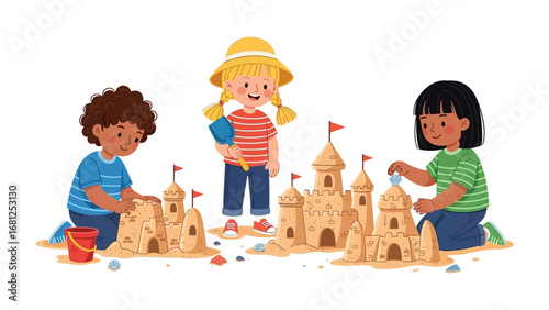 Sandcastle Architects: Three children enthusiastically construct magnificent sandcastles on a sunny beach, embodying the playful spirit of childhood creativity.