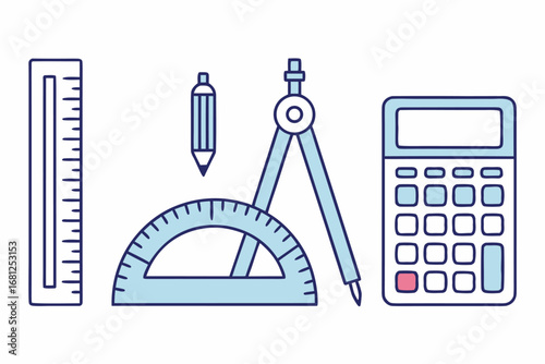 Math and Geometry Tools Ruler Protractor Compass Calculator vector illustration