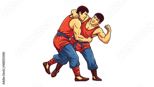 Dynamic Combat: Two athletes engage in a vivid wrestling match, showcasing strength, skill, and the intensity of competitive sports in a dynamic illustration.
