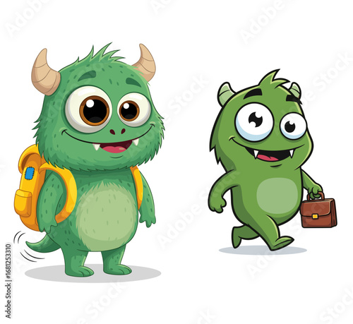 Monsters go to school and work. Cartoon characters, school, briefcase, business, education, monster, design, cute, funny, education, humor.