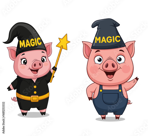Two cute pigs dressed up as magicians with magic wands. Cartoon characters, fantasy, fairytale, costume, fun, imagination