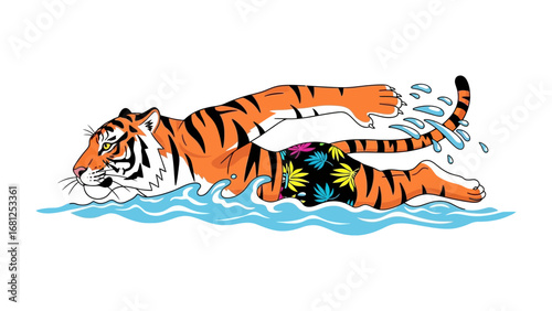 Swimming tiger in a pool: A vibrant cartoon illustration of a tiger swims with elegance through turquoise waters, with a bright smile, donning swimming trunks and embodying pure.