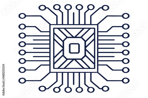 Minimalist line art of a computer processor chip with radiating circuit lines and pins technology