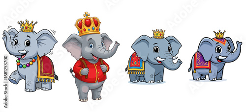 Cartoon elephants wear crowns and ornate robes. Royal animals, circus, cartoon characters, costume, celebration, fun