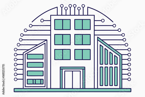 Modern building complex with technological circuit board connections architecture city
