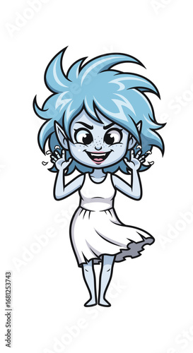 Cartoon ghost girl waves hello, smiling wide. Spooky character, afterlife, fantasy, fun, happy, friendly, spirit, halloween, cute, supernatural, afterlife, paranormal