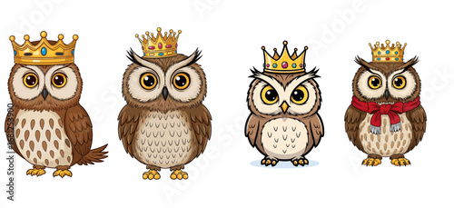Cartoon owls wear crowns, standing in a row. Royal birds, cute animals, illustration, fairy tale, magic, fairytale, cartoon, drawing, design, character, art, humor