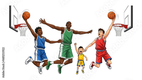 Basketball Unity: A vibrant illustration captures a multi-ethnic group of athletes soaring through the air, perfectly showcasing the essence of teamwork, competition, and the thrill of the game.