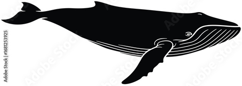 Whale: A clean black silhouette of a humpback whale swimming, highlighting its majestic form and peaceful nature.