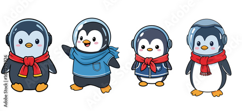 Cute penguins wear astronaut helmets and outfits. Cartoon characters, animal, kawaii, space, science fiction, futuristic, adorable