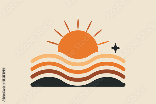 Aesthetic Illustration of a Rising Sun over Retro Waves with Star Accent on Beige